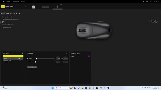 An image fo the DPI settings for the Corsair M75 Air in iCue