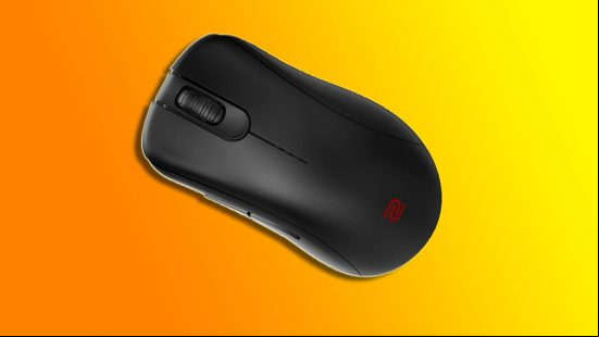 CS2 best mouse: a black Zowie EC2-CW mouse appears against an orange and yellow background.