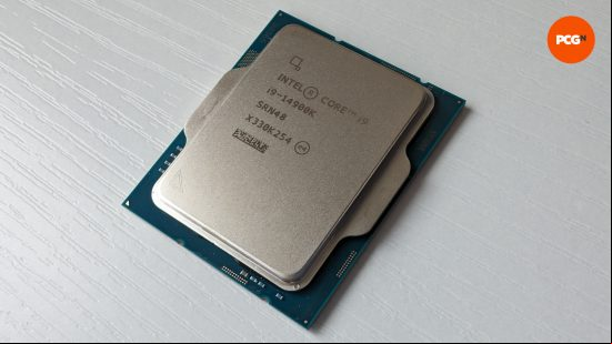 The Intel Core i9 14900K against a white wooden background