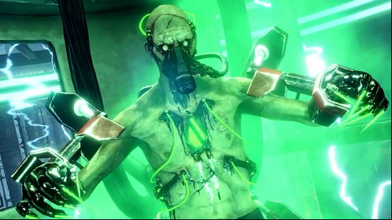 Killing Floor 2 Last Hans Standing - A shirtless figure with a mask over its face is wired up in a chamber filled with green smog.