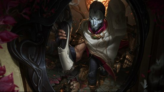 Best lol champions: a masked man holding a gun looking at a broken mirror.
