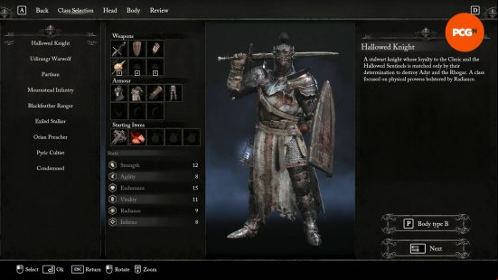 The Lords of the Fallen Hallowed Knight in the character creation menu.
