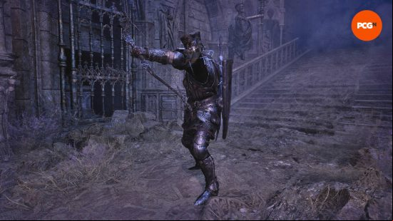 The lampbearer is firing an arrow from the Bow of the Convert, one of the best Lords of the Fallen weapons for ranged attacks.