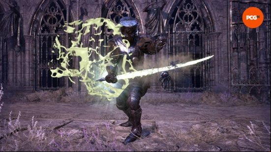 The lampbearer is enchanting his sword with poison by using the Charm of Fortune's Sight, one of the best Lords of the Fallen weapons for magic s.
