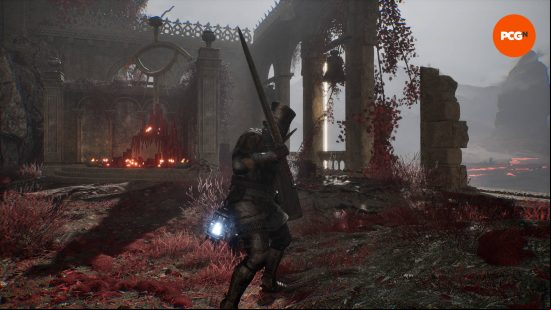 The lampbearer is holding aloft the Crimson Rector Sword, one of the best early game Lords of the Fallen weapons.