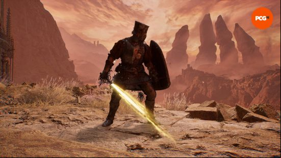 The lampbearer is struggling to wield the power of Pieta's Sword, one of the best radiance Lords of the Fallen weapons.
