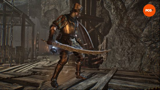 The lampbearer is holding the Putrid Child Sword, one of the best Lords of the Fallen weapons.
