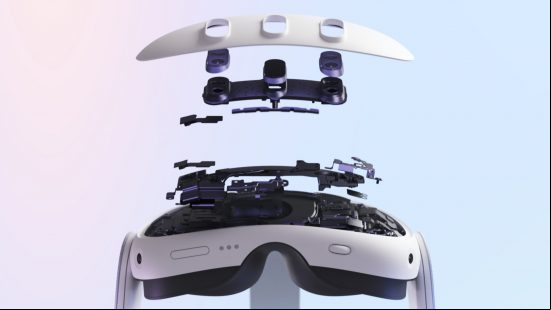 a stylish component teardown off the meta quest 3 showing the front lens in layers