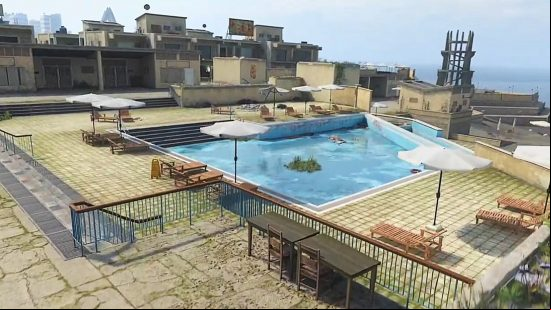 Modern Warfare 2 Ground War map Leven Resort features a swimming pool surrounded by villas.