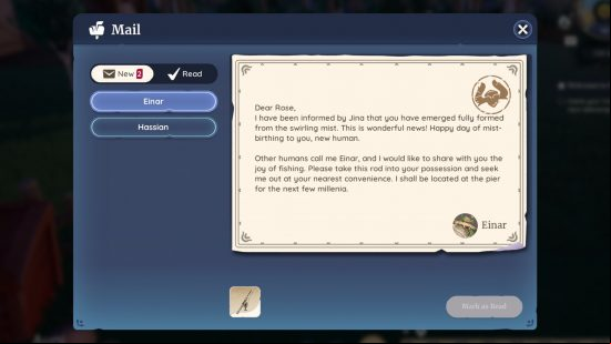 The letter from Einar in which you receive your Palia fishing rod.