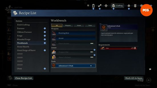 The recipe for the Return to Moria inventory upgrade adventurer's pack
