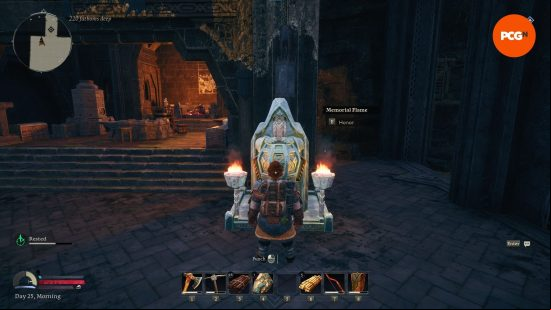 A dwarf honors the Return to Moria Hero's Tokens Memorial Flame statue