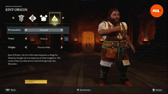 A bearded. dark-skinned Dwarf with purple tattoos stands with their fist to their chest as they are given the Focused Return to Moria personality type.