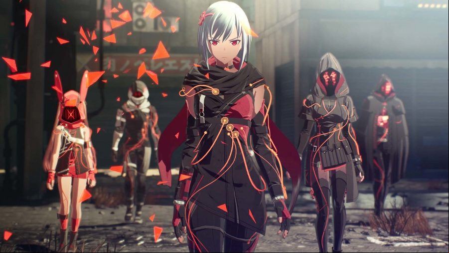 Scarlet Nexus: A woman with silvery hair wearing a black uniform with orange trims stands in front of several other figures with no faces and glowing red eyes in an urban area