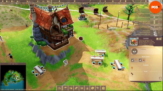 Some settlers gather to eat outside a tavern in Pioneers of Pagonia, the best city building game in the Steam Next Fest demos in October 2023.