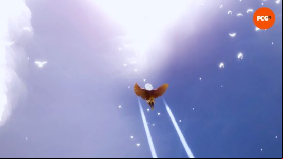 A small child flies through a beautiful blue and white sky as their brown wings extend out beside them in Sky: Children of the Light, one of the best Steam Next Fest demos in October 2023.