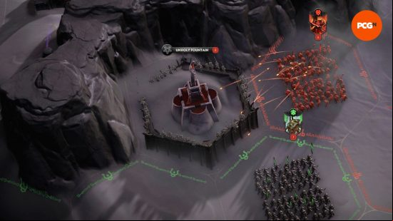 A red legion attacks a place of power as a green team legion looks on in Solium Infernum, one of the best Steam Next Fest demos in October 2023.