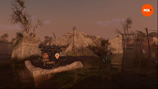 AC Mirage enigmas: a mound of treasure located atop a half-submerged house.