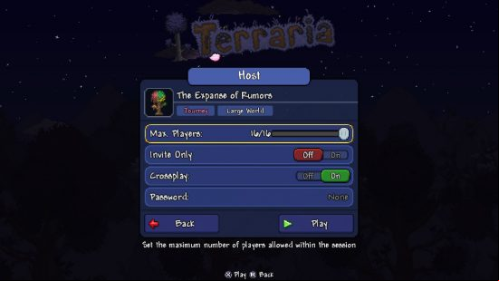 Terraria crossplay testing - A mockup of the server hosting menu with a toggle to turn crossplay on.