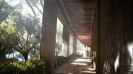 The Finals cross progression: a japanese style building backing on to thick foliage.