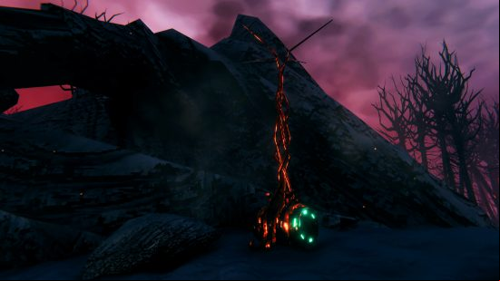 Valheim Ashlands - A mysterious contraption with glowing green lights and molten strands ri from it.