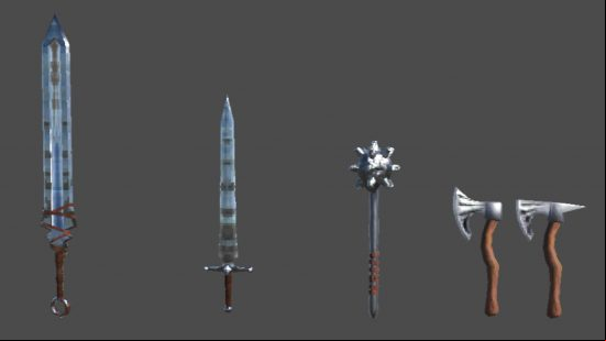 Valheim Ashlands weapons - Image from developer Iron Gate of a greatsword, sword, mace, and dual axes.