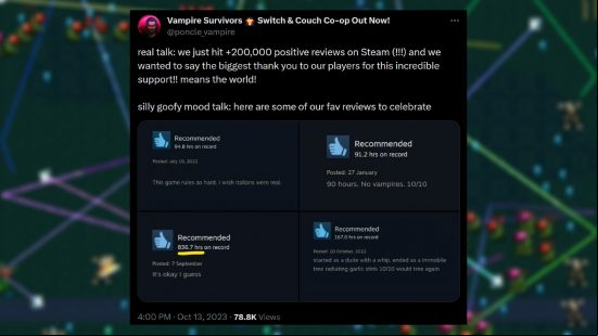 Vampire Survivors - Tweet from Poncle: "Real talk: We just hit 200,000 positive reviews on Steam and we wanted to say the biggest thank you to our players for this incredible . It means the world!"
