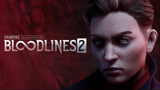 An attractive woman with short hair on a red background with 'Vampire: The Masquerade Bloodlines 2" written next to her in silver text