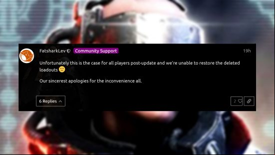 Warhammer 40k Darktide hotfix loadouts deleted - Post from 'FatsharkLev' on the forums: "Unfortunately this is the case for all players post-update and we're unable to restore the deleted loadouts :frowning: Our sincerest apologies for the inconvenience all."