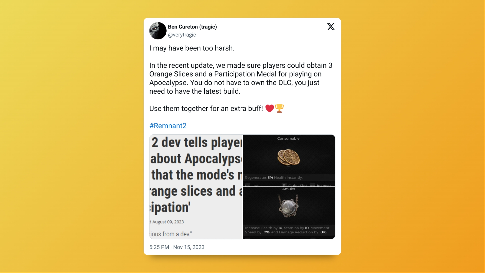 Remnant 2 developer post revealing the new Apocalypse mode participation medal