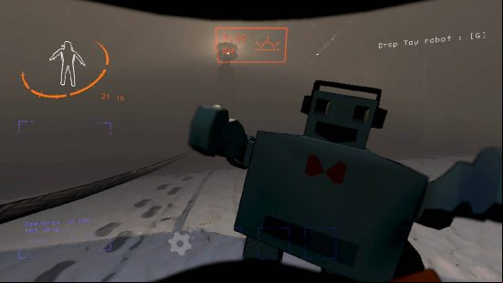 First person view of someone holding a toy robot and approaching a lighthouse in Lethal Company, one of the best horror games.