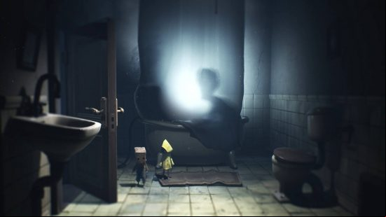 A scene in one of the best horror games - Little Nightmares 2 - has two small people inside a bathroom. A person behind the curtain in the bath is watching TV.