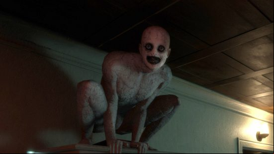 A demon squatting on a wardrobe in The Mortuary Assistant, one of the best horror games.