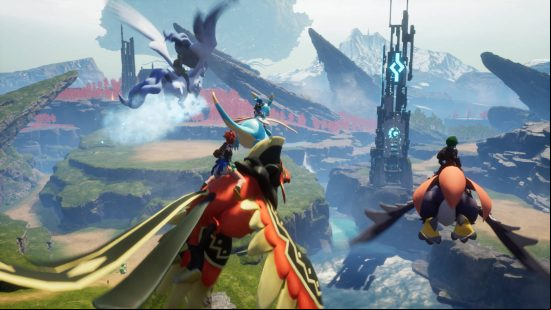 Best survival games: four players riding on flying Pals approaching a tower.