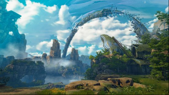 Blue Protocol release date: The world setting with large, punctuated arches and lush greenery.