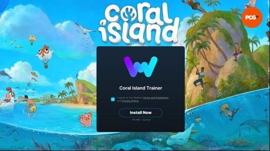 The WeMod installer over a backdrop of the Coral Island game.