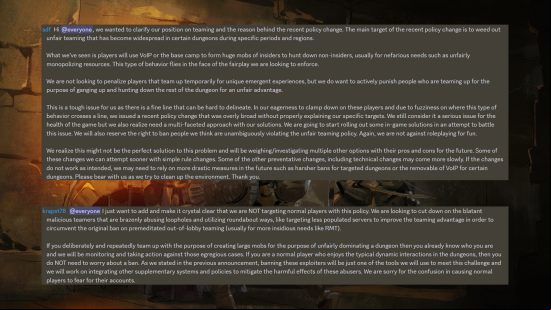 Dark and Darker statement on teaming from the official Discord: "Hi @everyone, we wanted to clarify our position on teaming and the reason behind the recent policy change. The main target of the recent policy change is to weed out unfair teaming that has become widespread in certain dungeons during specific periods and regions. What we
