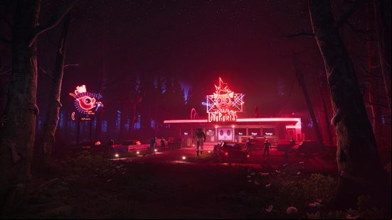 A pink glow eminates from Long Piglet's, a fifties style diner in the Dead Island 2 Haus DLC.
