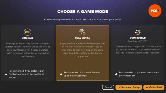 startup options for FM24 offering an original, real world or your world experience
