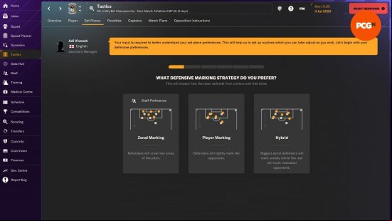 FM24 new set piece interface showing the defensive marking strategy for the team