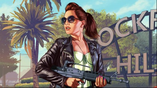 GTA 6 cheats: A glamorous woman wearing large sunglasses and a leather jacket wields a weapon.