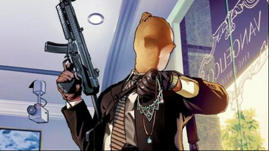 GTA 6 cheats: A jewel thief wearing a stocking to obscure his face checks his watch.