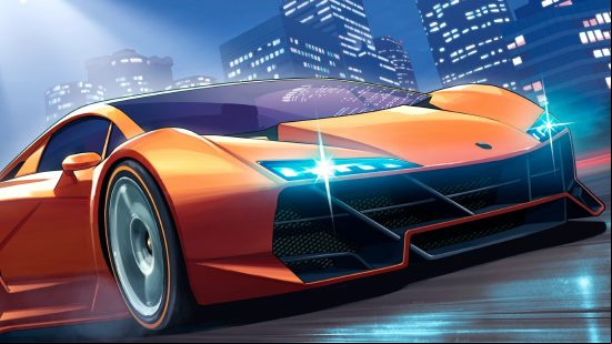 GTA 6 cheats: A car drives along a city highway at speed, illuminated by a police helicopter overhead. 