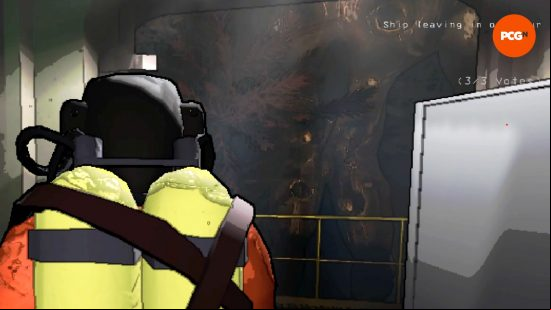 A Forest Keeper looms outside the ship as a player goes to close the door.