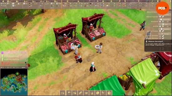 Tiny settlers trade at market stalls in Pioneers of Pagonia, one of the best games like The Sims.
