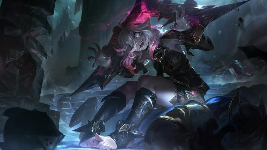 LoL tier list: a pale woman, with arms pinned in a pillory. 