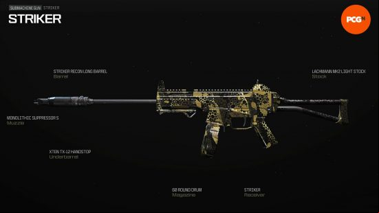 Gunsmith view of the best Striker loadout in Modern Warfare 3.