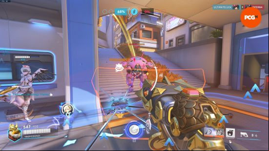 An image of Overwatch 2 combat showing Mercy and a DVA using Defence Matrix