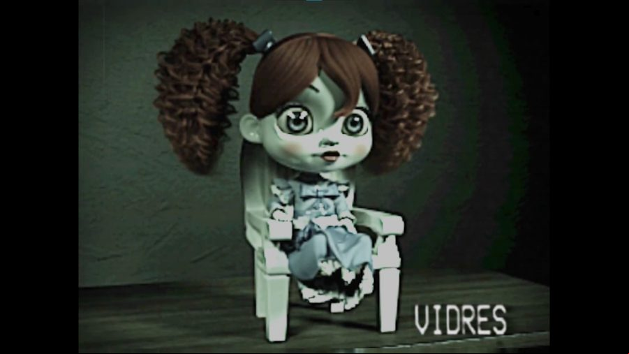 Poppy Playtime, a wide-eyed doll with red hair, sits in a chair in a retro VHS still.