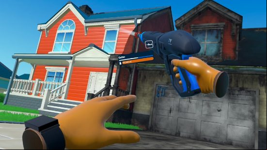 A screenshot from PowerWas Simulator VR showing the player cleaning a house